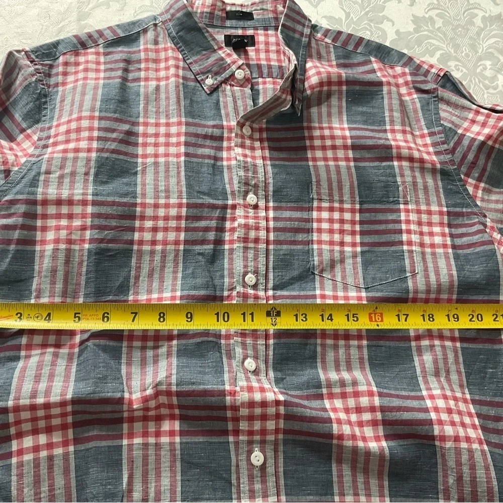 J. Crew linen Red and Blue Plaid Casual Button Down Shirt men size XL